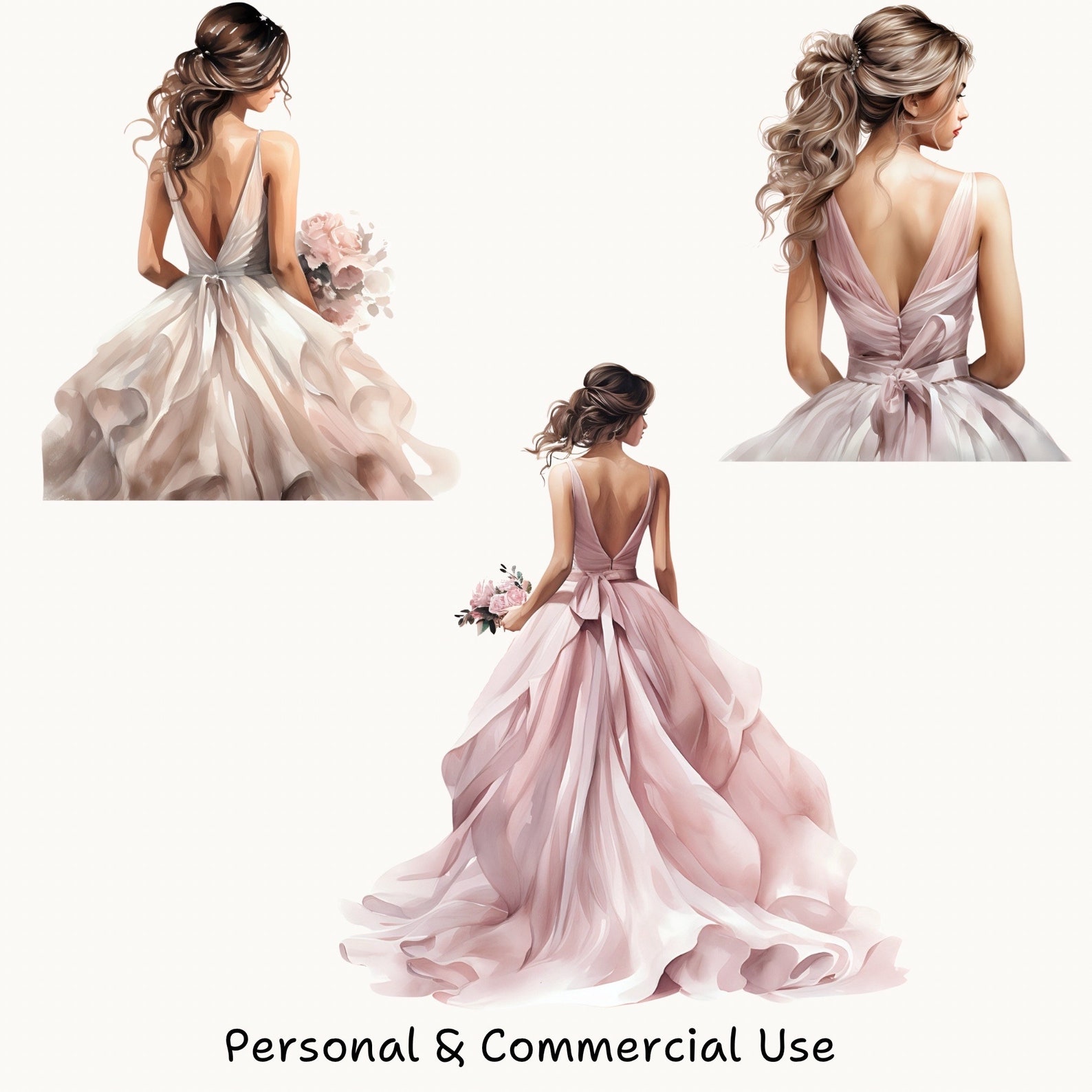 Elegant Watercolor Bride Clipart, Pink Wedding Dress Illustration ...