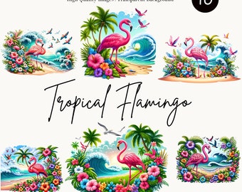 Flamingo Watercolor Clipart Bundle – Tropical Flamingo Beach Clipart Set, Digital Download, High Quality PNG Files, Commercial Use