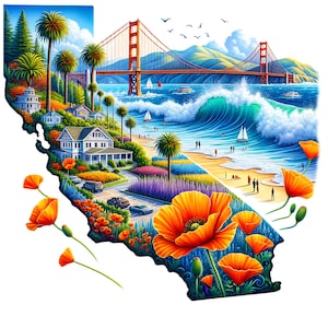 Kalifornien PNG, Aquarell Kalifornien Karte Jungen Mädchen Clipart Vereinigte Staaten von Amerika PNG Kommerzielle Verwendung California State Poppy & Strand PNG