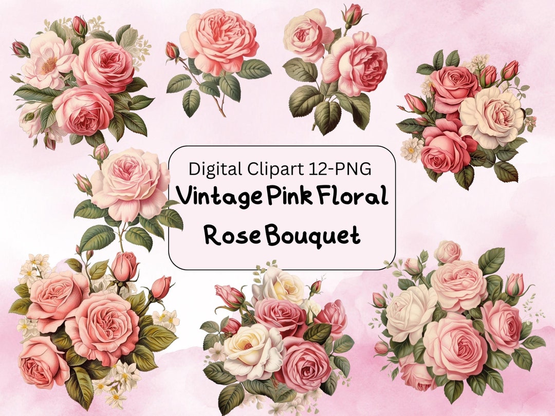 Vintage Pink Floral Clipart Rose Bouquet PNG Downloads for Card Making
