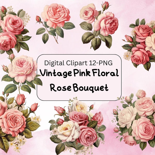 Vintage Pink Floral Clipart - Rose Bouquet PNG Downloads for Card Making, Scrapbook, Journal - Instant Digital Images