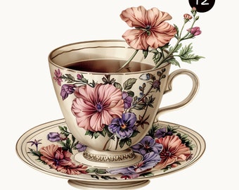 Vintage Blumen Teetasse PNG Clipart, Aquarell Junk Journal Ephemera, digitaler Download für Scrapbooking und Kunsthandwerk, hochwertiges Bild