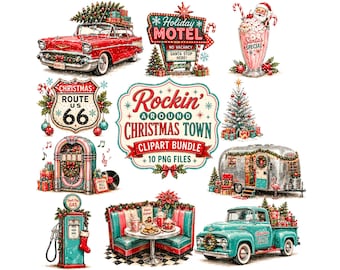 Retro Christmas Clipart Bundle | Vintage 1950s Americana PNG | Mid Century Holiday Graphics | Nostalgic Christmas Town Clipart, 10 PNGs