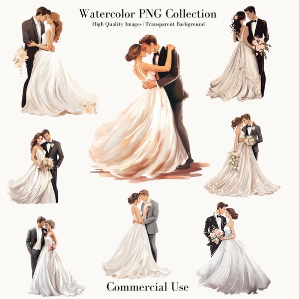 Watercolor Wedding Couples PNG Collection, Bride and Groom Portraits, Digital Clipart, Instant Download, Commercial Use,Wedding Clipart