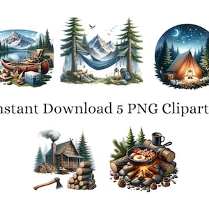 Digital Watercolor Camping Collection Clipart, 5 PNG Mountain Landscape Clipart, Campsite Illustrations, Tent, Campfire, Lake PNG
