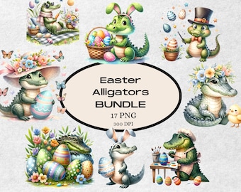 Cute Easter Alligators Digital Bundle, Watercolor Clipart, Spring Graphics,Printable PNG , Kids Party Decor, Scrapbooking, Digital Download