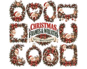 Imágenes prediseñadas de coronas navideñas vintage / Paquete de marcos navideños PNG de Papá Noel y renos / Bordes perennes para invitaciones y álbumes de recortes / Vol. 2