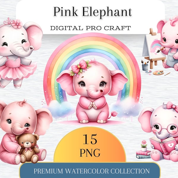 Cute Pink Elephant Clipart, Elephants PNG, Baby Shower Clipart, Nursery Decor, Pink Elephants, Sublimation PNG, Digital Download