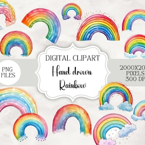 Pack de cliparts arc-en-ciel de dessin à la main | Clipart baby shower | Transparents png | Art pour chambre d'enfant | Utilisation commerciale gratuite | Fabrication de cartes