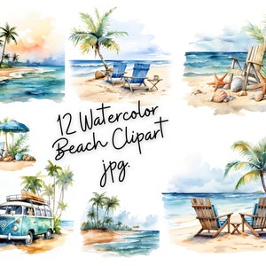 12 Beach Scenes, Watercolor Beach Clipart, Digital Beach Art, Watercolor Clipart, Digital Art, Digital Stickers, Summer Digital Paper