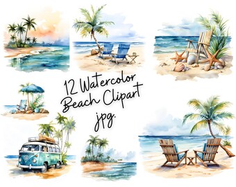 12 scènes de plage, clipart plage aquarelle, art numérique de plage, clipart aquarelle, art numérique, autocollants numériques, papier numérique d'été