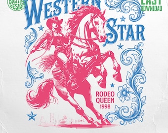 Western Star PNG, Rodeo Queen Sublimation Design, Horse DTF Transfer, Cowgirl Clipart, Country Graphics, Vintage Style, Western Decor