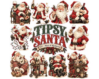 Tipsy Santa Clipart Bundle | Funny Christmas PNG | Mischievous Drunk Santa Graphics for Sublimation, Cards, & Holiday Decor | Digital Art