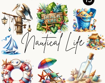 Watercolor Nautical Collection Clipart: Beach, Ocean, Travel Themes - Summer PNGs for Commercial Use, Ideal for Creative Projects