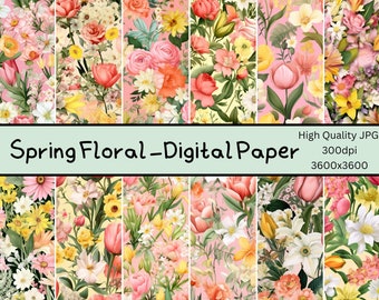 Spring Floral Medley Digital Paper - Watercolor Flower Backgrounds - 12 Designs - 12x12 in - Commercial Use - Floral Sublimation
