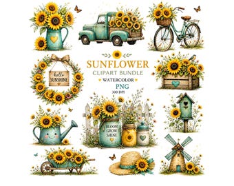 Paquete de imágenes prediseñadas de girasoles en acuarela / Camión vintage PNG, gráficos florales de estilo rústico, flores veraniegas rústicas, descarga digital para sublimación.