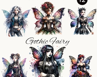 Gothic Fairy Watercolor Clipart, PNG Files with Fantasy Butterfly Wings, Set of 12 for Digital Download & Commercial Use,Gothic Clip Art