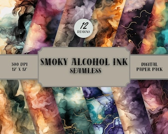 Smoky Alcohol Ink SEAMLESS Patterns - Alcohol Ink Digital Paper - 12 Designs - 12x12in - Commercial Use - Alcohol Ink on Black Backgrounds