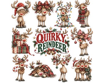 Quirky Reindeer Clipart Bundle, Christmas PNG Graphics, Whimsical Holiday Reindeer Illustrations for Sublimation & Cards, Digital Download