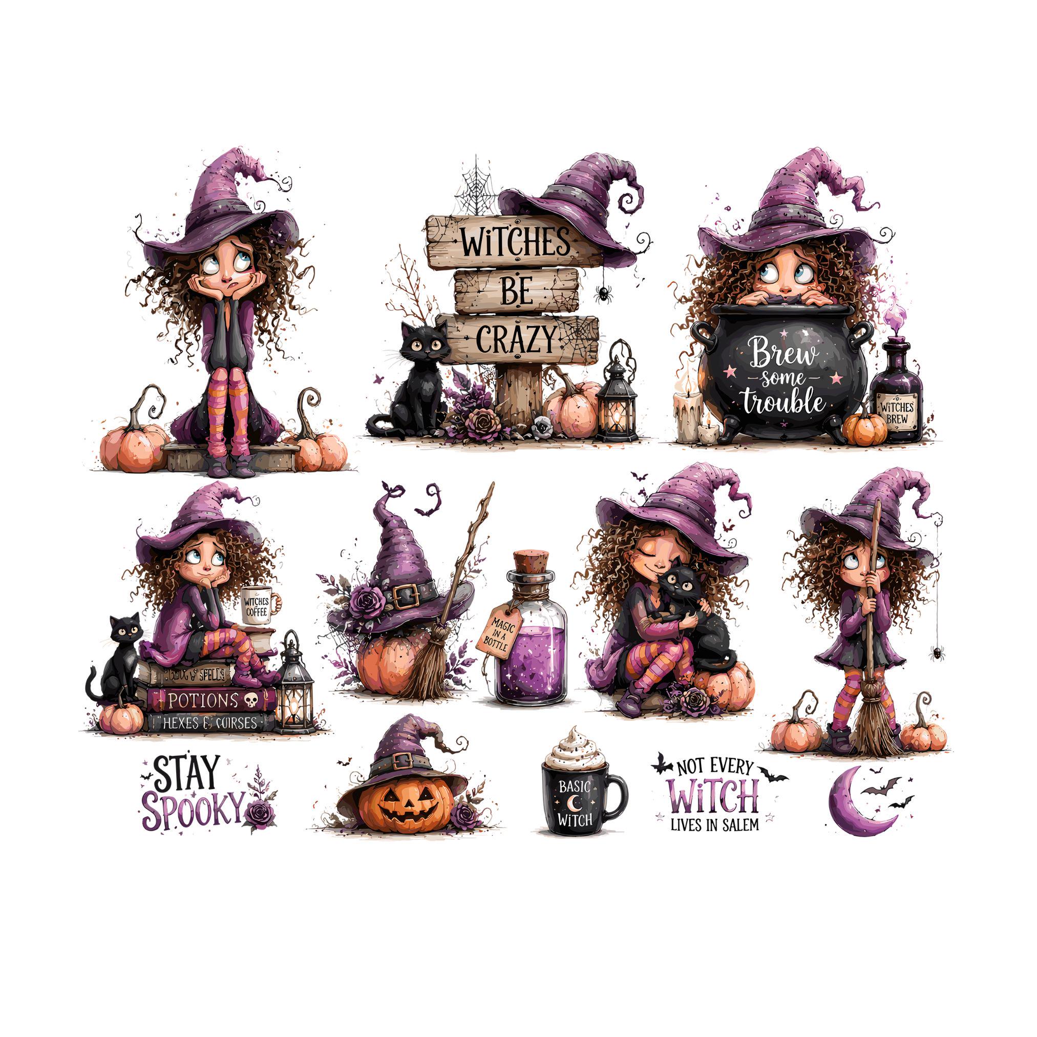 Whimsical Purple Witch Clipart PNG Bundle, Cute Halloween Graphics ...
