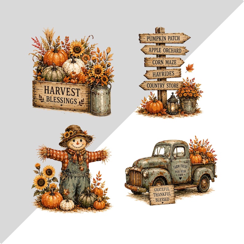 Puede incluir: Una colecci&oacute;n de cuatro ilustraciones con tem&aacute;tica oto&ntilde;al que incluye una caja de madera con la etiqueta Harvest Blessings con calabazas y girasoles, una se&ntilde;al de direcci&oacute;n, un espantap&aacute;jaros con peto y un cami&oacute;n antiguo con un cartel que dice Grateful Thankful Blessed.