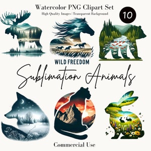 Conjunto de clipart de animais em aquarela, PNG transparente, download digital, uso comercial, designs de sublimação de vida selvagem da floresta, imagens de alta qualidade