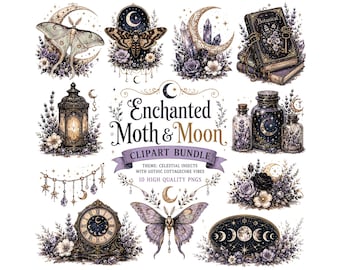 May include: A digital clipart bundle featuring celestial insects and moon designs. The image includes moths, moons, crystals, a lantern, a clock, and botanical elements. The text reads "Enchanted Moth & Moon Clipart Bundle". The theme is gothic cottagecore.