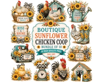 Sunflower Chicken Clipart Bundle | Farmhouse PNG Graphics | Rustic Rooster Sublimation | Boutique Chicken Coop Clip Art | Sunflower PNG Set