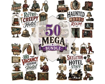 50 Retro Creepy Hotel Clipart Bundle | Haunted Motel PNG | Skeleton Staff Graphics | Vintage Horror Aesthetic | Gothic Halloween Digital