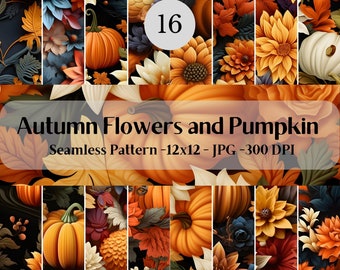 3d Autumn Flowers Pumpkin-3d Floral Seamless Patterns - 16 Designs-12x12in-High Quality JPEG-Commercial Use-Fall Flowers Digital Paper
