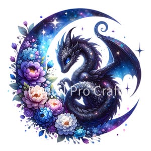 May include: A black dragon with blue eyes and a galaxy-like pattern sits inside a crescent moon with a floral wreath. The moon is filled with stars and a galaxy-like pattern.