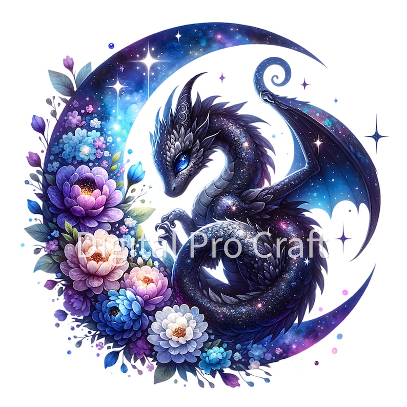 May include: A black dragon with blue eyes and a galaxy-like pattern sits inside a crescent moon with a floral wreath. The moon is filled with stars and a galaxy-like pattern.