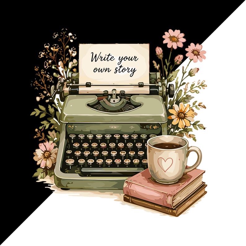 K&ouml;nnte beinhalten: Eine salbeigr&uuml;ne Schreibmaschine mit einem Blatt Papier, auf dem "Write your own story" steht, umgeben von Wildblumen. Eine Keramiktasse mit Herzsymbol steht auf zwei B&uuml;chern neben der Schreibmaschine, vor einem schwarz-wei&szlig;en Hintergrund.