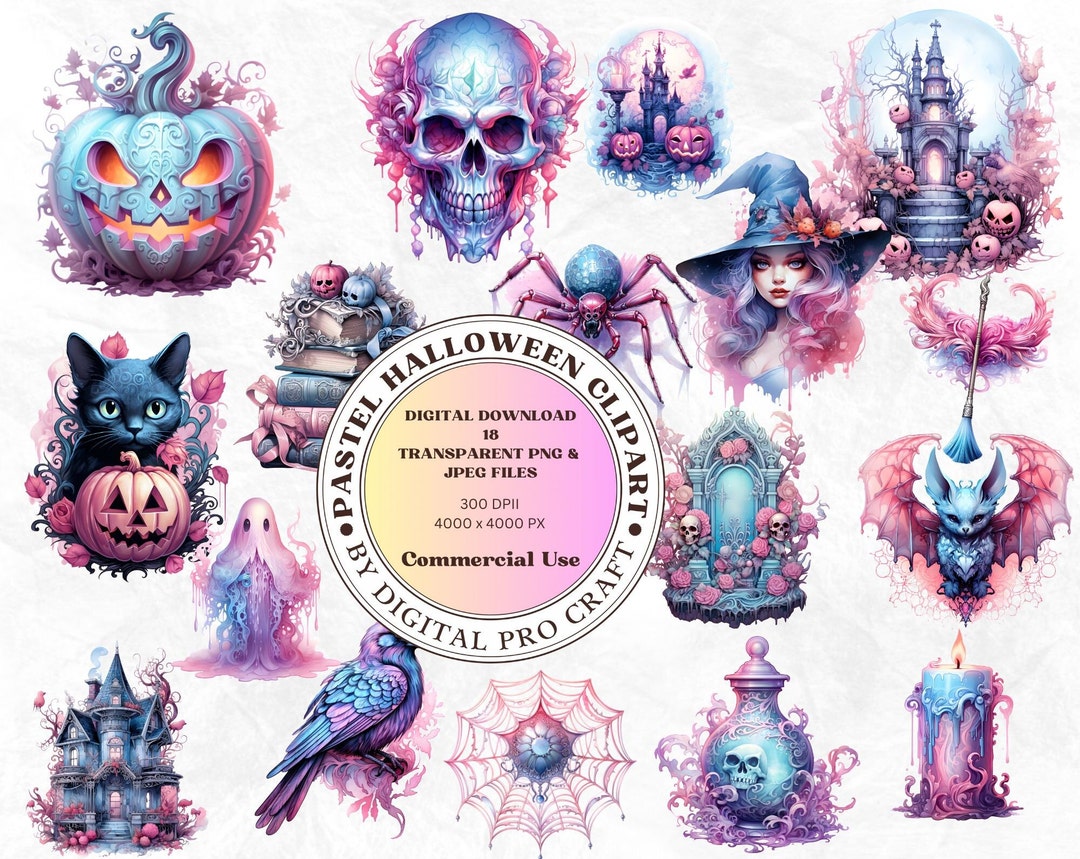 Pastel Halloween Clipart PNG Set, 18 Halloween Clipart, Commercial Use ...