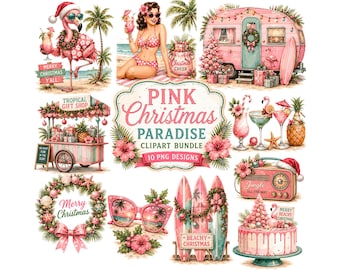 Pink Tropical Christmas Clipart Bundle, Beachy Christmas PNG, Flamingo Christmas Paradise, Retro Coastal Holiday Graphics, Digital Download