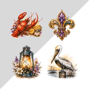 May include: A set of four illustrations featuring a bright red lobster with corn and garlic, a gold and purple fleur-de-lis emblem, a vintage metal lantern surrounded by colorful flowers, and a white pelican perched on a wooden post in water.