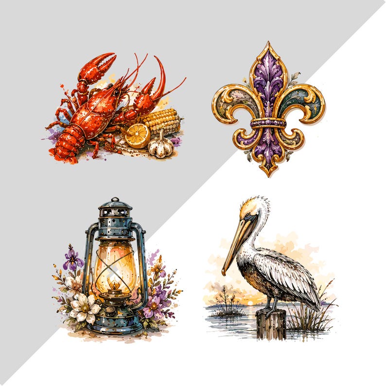 May include: A set of four illustrations featuring a bright red lobster with corn and garlic, a gold and purple fleur-de-lis emblem, a vintage metal lantern surrounded by colorful flowers, and a white pelican perched on a wooden post in water.