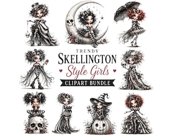 Gothic Skellington Style Girls Clipart Bundle | Spooky Chibi Dolls PNG |Black and White Striped Gothic Fashion |Digital Stickers & Scrapbook