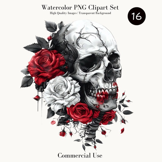 Gothic Skull and Roses Clipart,watercolor Png,digital Download