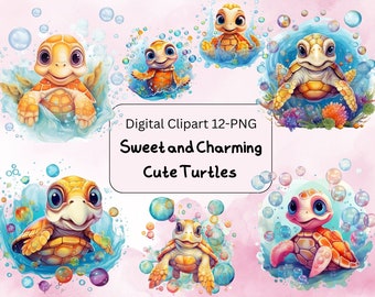 12 Sea Turtle, Cute Sea Turtle clipart,Ocean Animals Sea Turtle PNG,Sea Turtle Water Bubbles Flowers Sublimation Turtle Printable Sea Turtle