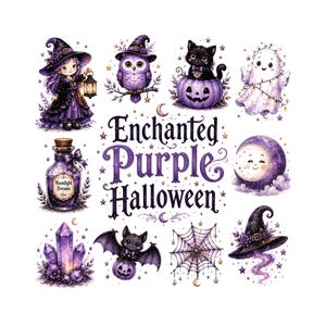 Förtrollad lila Halloween Clipart, söt häxa och spöke PNG, nyckfull kuslig digital grafik för klistermärken, skräpjournal och sublimering