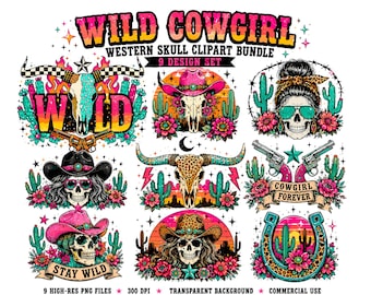 Wild Cowgirl Western Skull Clipart Bundle | 9 Retro Cowgirl PNG Designs, Pink Cowboy Hat & Cactus Sublimation, Desert Skull Graphics