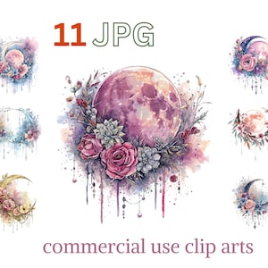 Dreamy Floral Moon Clipart, Watercolor Celestial Flowers Jpg Set, Mystical Crescent Moon Graphics, Commercial Use Moon Art, Celestial Art