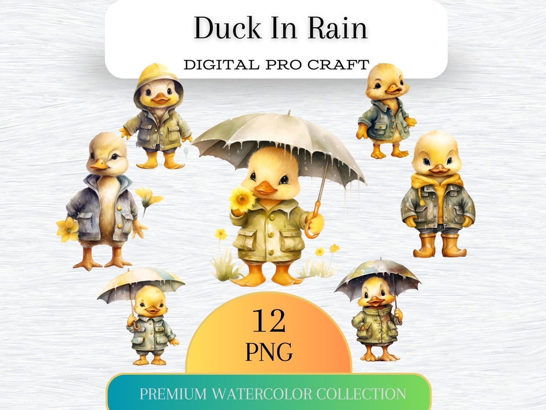 Duck in Rain Clipart, Duck PNG, Rain Clipart, Watercolor Duck, Duckling ...