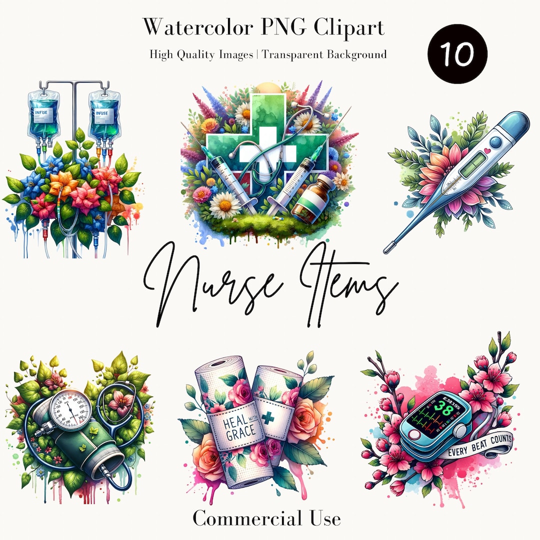Watercolor Nurse Items PNG Clipart Bundle 10 High Quality Images, Nurse Png, Medical Theme Art