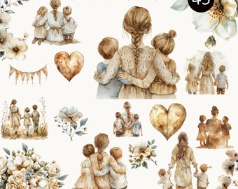 Watercolor Mother’s Day Clipart, Floral Mother’s Day PNG,Neutral Mother’s Day ,Mother’s Day Clip Art Bundle Commercial Use, Mom and Kids