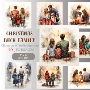 Weihnachten Familie Zurück Clipart, Sitzende Familie, Winterfamilie, Eltern und Kinder Clipart. Große Familie. Weihnachtshundeeltern und Kinder.