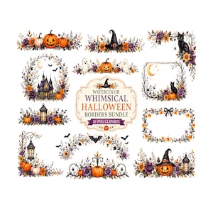 Whimsical Halloween Borders Bundle, Watercolor Pumpkin Clipart PNG, Spooky Floral Frames, Haunted House Ghost Borders, Digital Clipart Pack