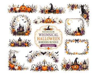 Whimsical Halloween Borders Bundle, Watercolor Pumpkin Clipart PNG, Spooky Floral Frames, Haunted House Ghost Borders, Digital Clipart Pack