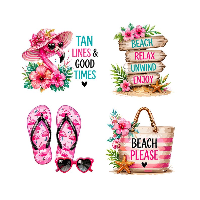May include: A collection of beach-themed illustrations. Includes a pink flamingo wearing sunglasses and a hat, a wooden sign with beach-related words, pink flip-flops, heart-shaped sunglasses, and a beach bag with the text "Beach Please."